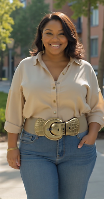 Gold Vegan Leather Elastic Waist Statement Belt Women Fashion Faux Leather Wide Black Elastic Belt Gold  main image 2