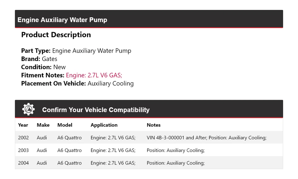 Para 2002-2004 Audi A6 Quattro Motor Auxiliar Bomba de Água Portões 2003 - Imagem 2 de 4