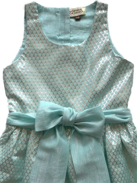 Vestido de fiesta Sophie Catalou para niñas aguamarina y plata sin mangas de algodón nuevo con etiquetas Foto 3 de 4