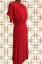 Vintage 80s in Mid Century Style, Drop Waist Tea Length Red Dress, Size Small