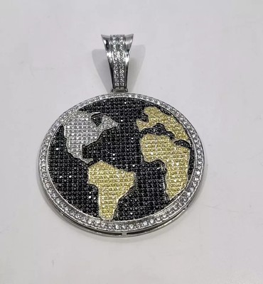 Men's 3.50Ct Lab-Created Black Diamond ''World Map'' Pendant 14K White Gold Plated