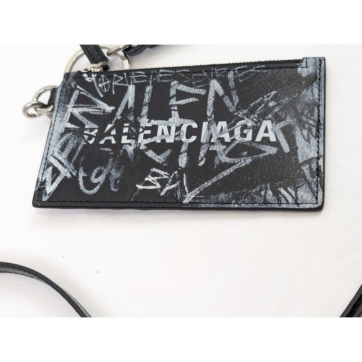 ★人気★ Balenciaga Cash Keyring Card Case Black Silver Balenciaga Cash Card Case On Keychain Balenciaga