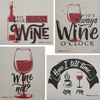 Wine Time Sayings Set of 4 each Swedish Dishcloths | ECO Friendly Absorbent Clea