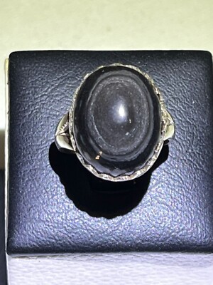 Exclusive Men 925 Silver Ring Yemen Aqeeq Agate Modern Design عقيق يمني جزع اسود