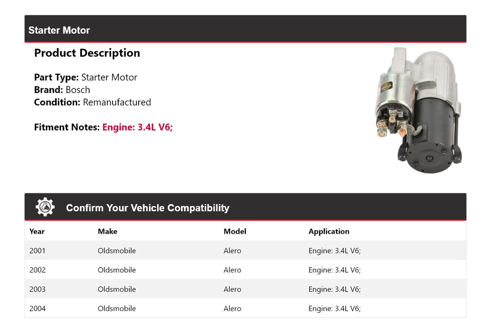 Arranque Bosch Oldsmobile Alero 2001-2004 3,4 L V6 (remanufacturado) 2002 2003 Foto 2 de 4