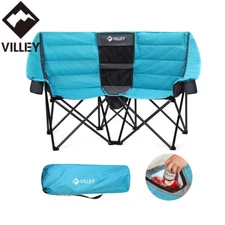 VILLEY Double Camping Chair Heavy Duty w/Carry Bag Wide Loveseat w/Cooler Bag