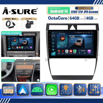 DAB+ 4+64GB Android 14 Autoradio AM GPS Carplay Kam für Audi A6 S6 RS6 1997 2004