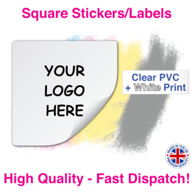 Individuell Logo gedruckt quadratische Aufkleber/Etiketten - KLAR PVC + WEISS