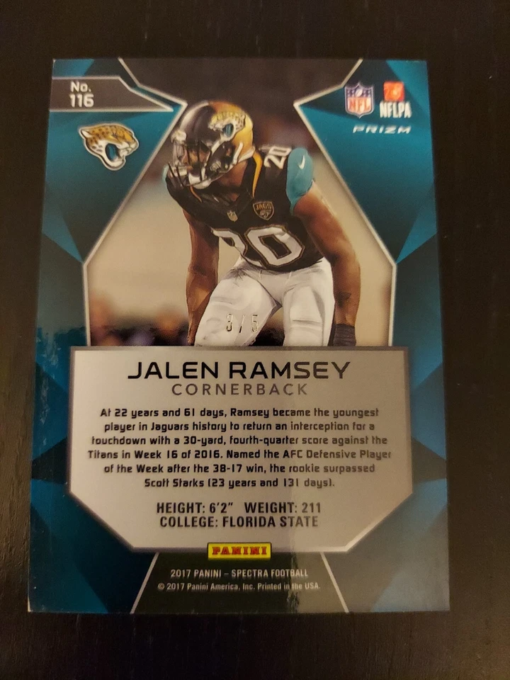 #/5 2017 Panini Spectra Neon Orange Prizm #116 Jalen Ramsey Jacksonville Jaguar - Image 2 of 3