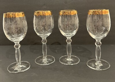 Pasabahce Circle Art Of Glass Turkey Set Of 4 Wine Glasses Wide Gold Band