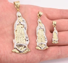 Lady Guadalupe Virgin Mary Pendant Charm Diamond Cut Real 10K Yellow White Gold