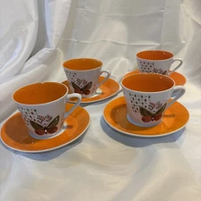 VTG MCM 1960's Georges Briard Orange Butterfly Tea Cups & Saucers - Set of 8