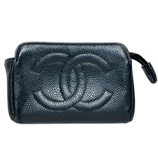 Chanel Black Leather Cosmetic Pouch Coco Mark Gold Hardware Used