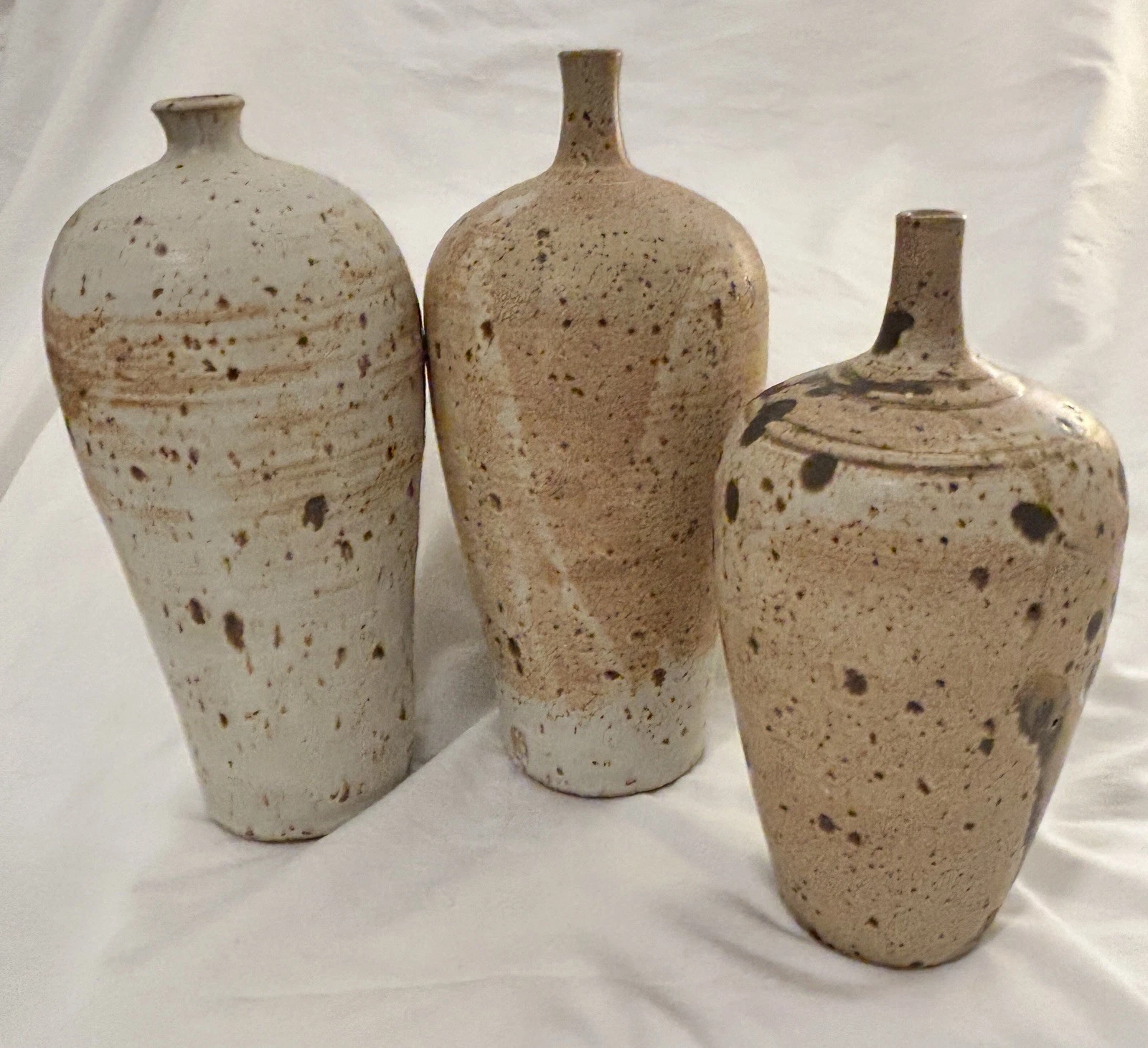 3-Japandi-Style, Studio Made, Stoneware Bottle Neck Vases, ~1980, 10-12” signed