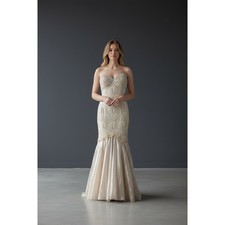 Mac Duggal Couture Beaded Strapless Gown Womens 4 Champagne Lace Mermaid Formal