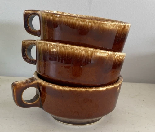 3 Vintage Hull Pottery Brown Drip Glazed Chili Soup handled bowls Oven Proof MCM