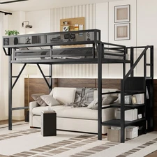 Twin XL Size Loft Bed with Stairs Metal Full Loft Bed High Loft Bed Wardrobe