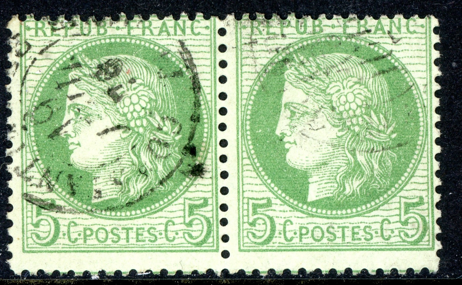 France 1870      5¢ Green Pair  Scott #53 VFU A244