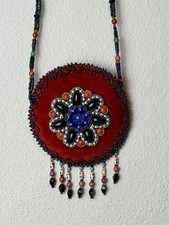 Handmade Beaded Medicine Bag Necklace Red Suede Pouch Boho Artisan