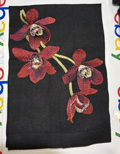 Neue Retro Anali Bestickt Rot Orchidee Blume Schwarz Leinen 34.3cm x 50.8cm Tuch