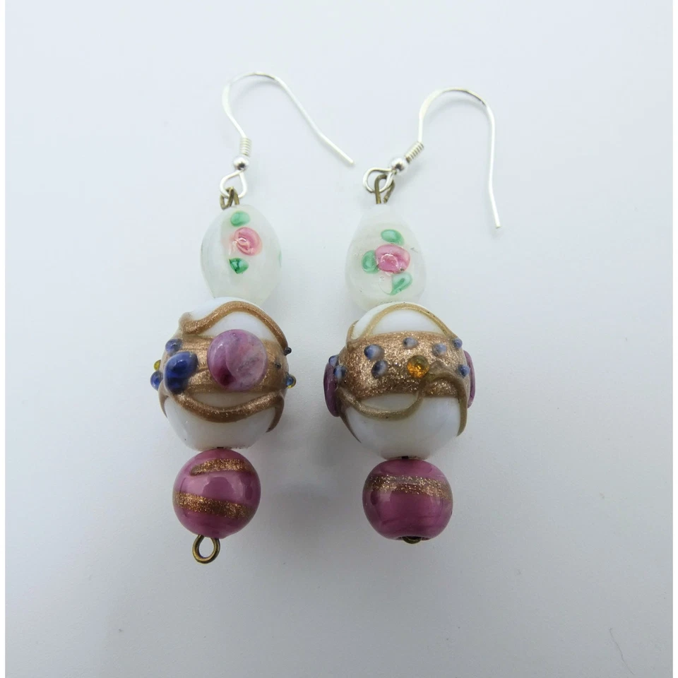 Vintage Murano Glass Pink White Earrings Wedding Cake Beads Bohemian Jewellery - Image 3 of 4
