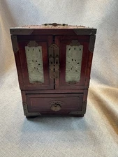 Vintage Shanghai Rosewood & Brass Inlaid Jade Silk Lined Drawers Jewelry Box