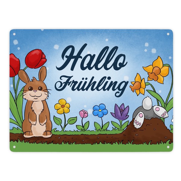 Hallo FrüHling Metallschild XXL In 28X38 Cm Mit SüßEn Hasen FüR Ostern-image