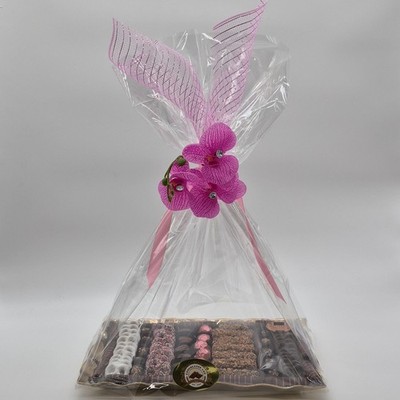 Gift Basket with Assorted Chocolates & Pink Flower Decoration, Multicolor Wrap