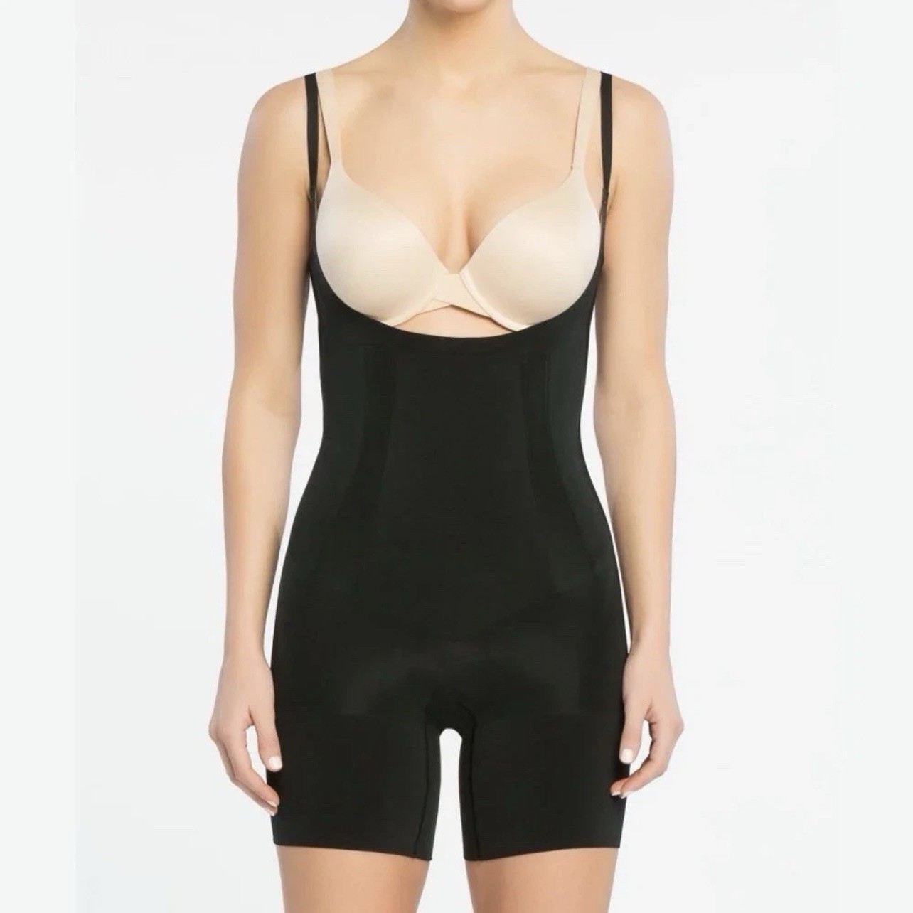 Spanx OnCore Open Bust Mid Thigh Bodysuit Sz XL Black Shapewear SpanxSculpt