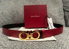 ADJUSTABLE REVERSIBLE BLACK TO RED LEATHER SALVATORE FERRAGAMO BELT GOLD BUCKLE