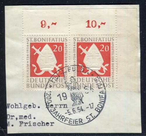 Germany BUND BRD 1954 20 Pf Mi. 199 FDC Eckrand Pair Corner Margin Used