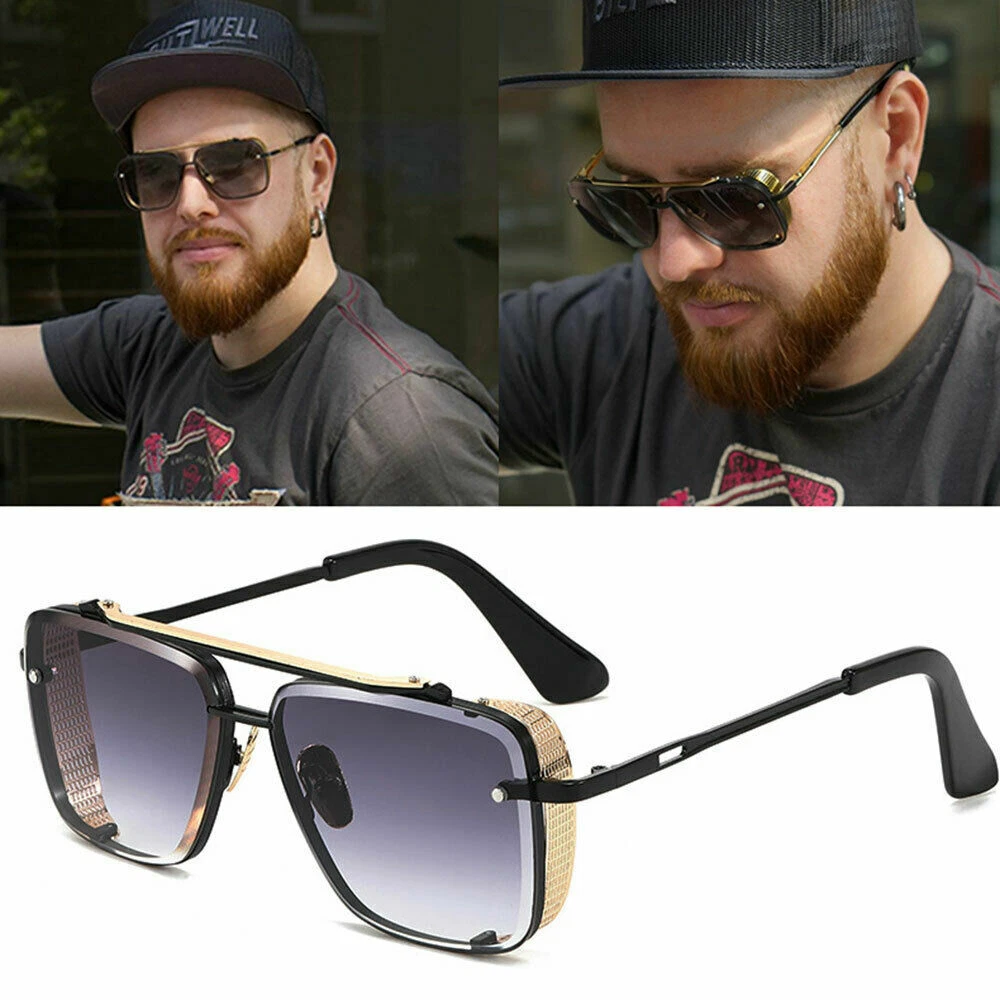 Men's SUNGLASSES DESIGNER SQUARE RETRO GOLD FRAME SHADES METAL FASHION HIP  HOP