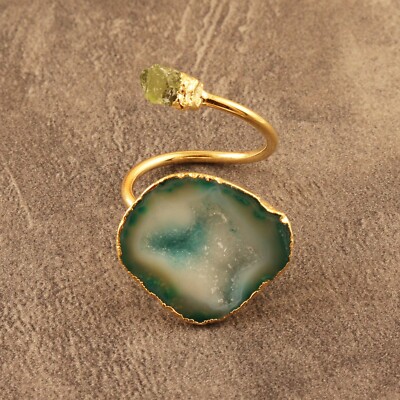 Two Stone Ring Geode Slice Peridot Gold Electroplated Statement Adjustable Ring