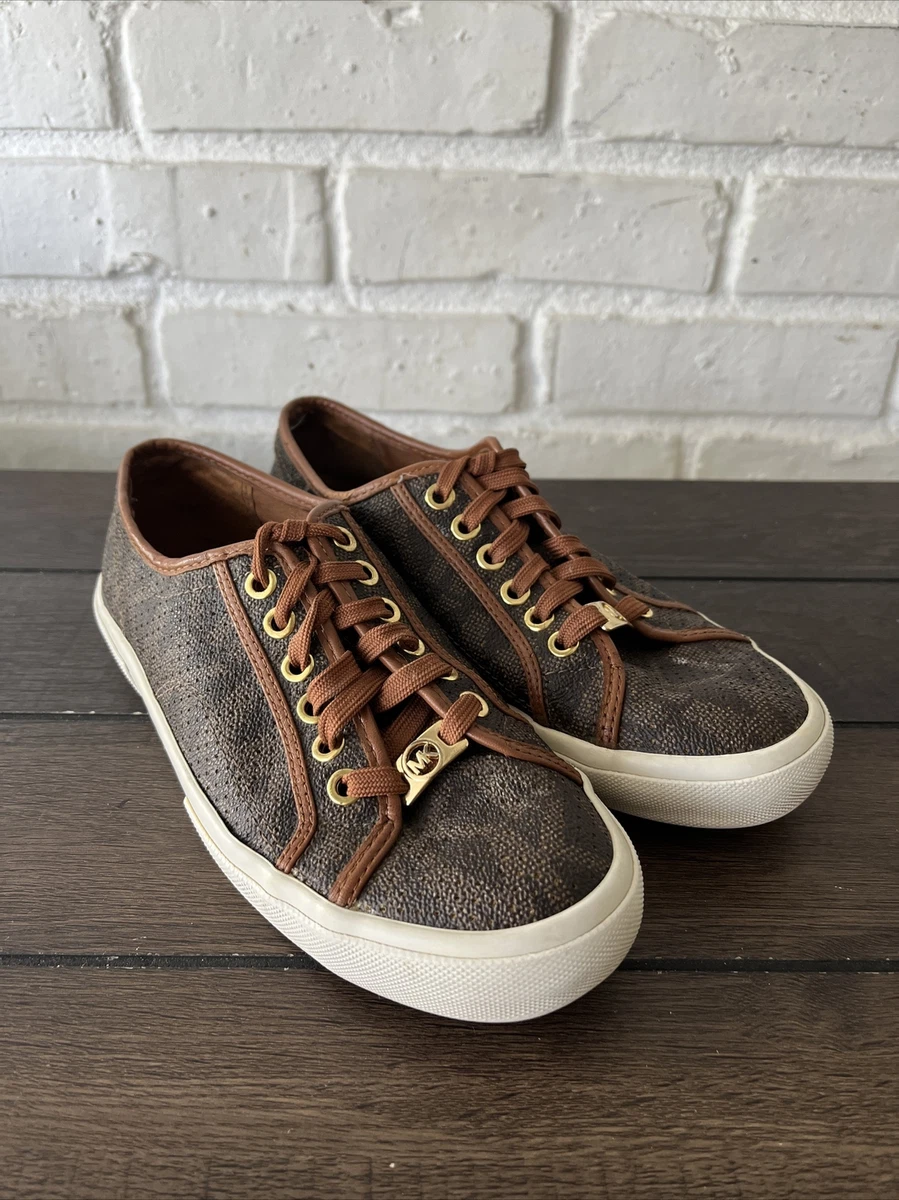 Michael Kors Brown Signature MK Logo Leather Sneaker Tennis Brown Gold 7 | eBay