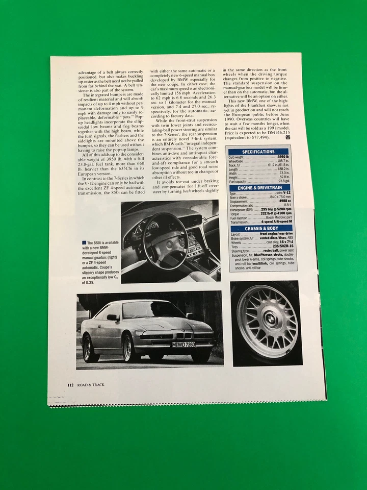 BMW 850i 1990 original 3 páginas prueba de carretera artículo publicitario impreso vintage Foto 2 de 2