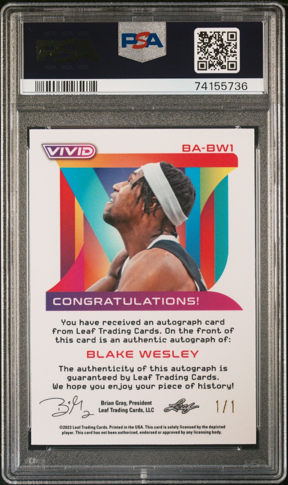 PSA 9 - BLAKE WESLEY 1/1 Auto - 2022 Leaf Vivid Autograph TEAL Rookie Card True view 2