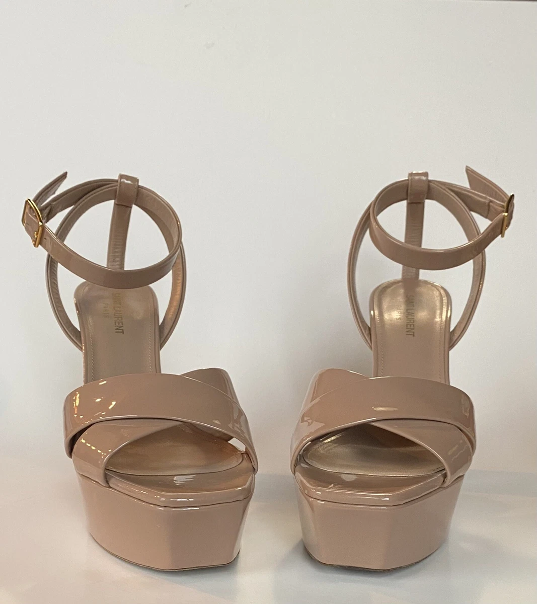 SAINT LAURENT Farrah 80 Beige Patent Platform Sandals Heels SZ 10 40