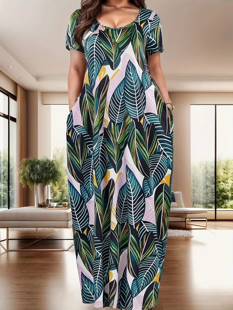 Womens Stretch Leaf Print Short Sleeve Balloon Maxi Dress Pockets Plus Size  2X