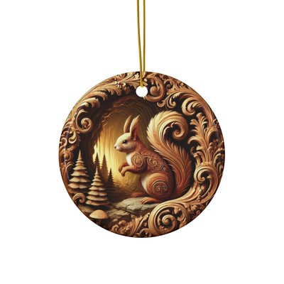 Ceramic Christmas Ornament Squirrel in Enchanted Forest Ornate Swirls and Pines