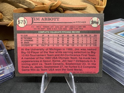 1989 Topps 573 JIM ABBOTT Rookie Gem Mint Draft Pick 1 Michigan 
