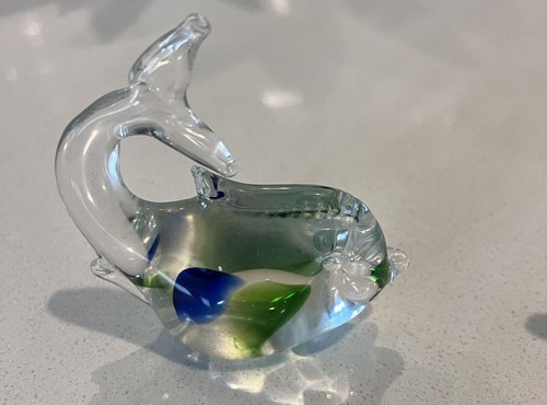 Vtg Murano Style Glass Art Sea Whale Dolphin Paperweight Green Blue Set Of 2 - Picture 3 of 6