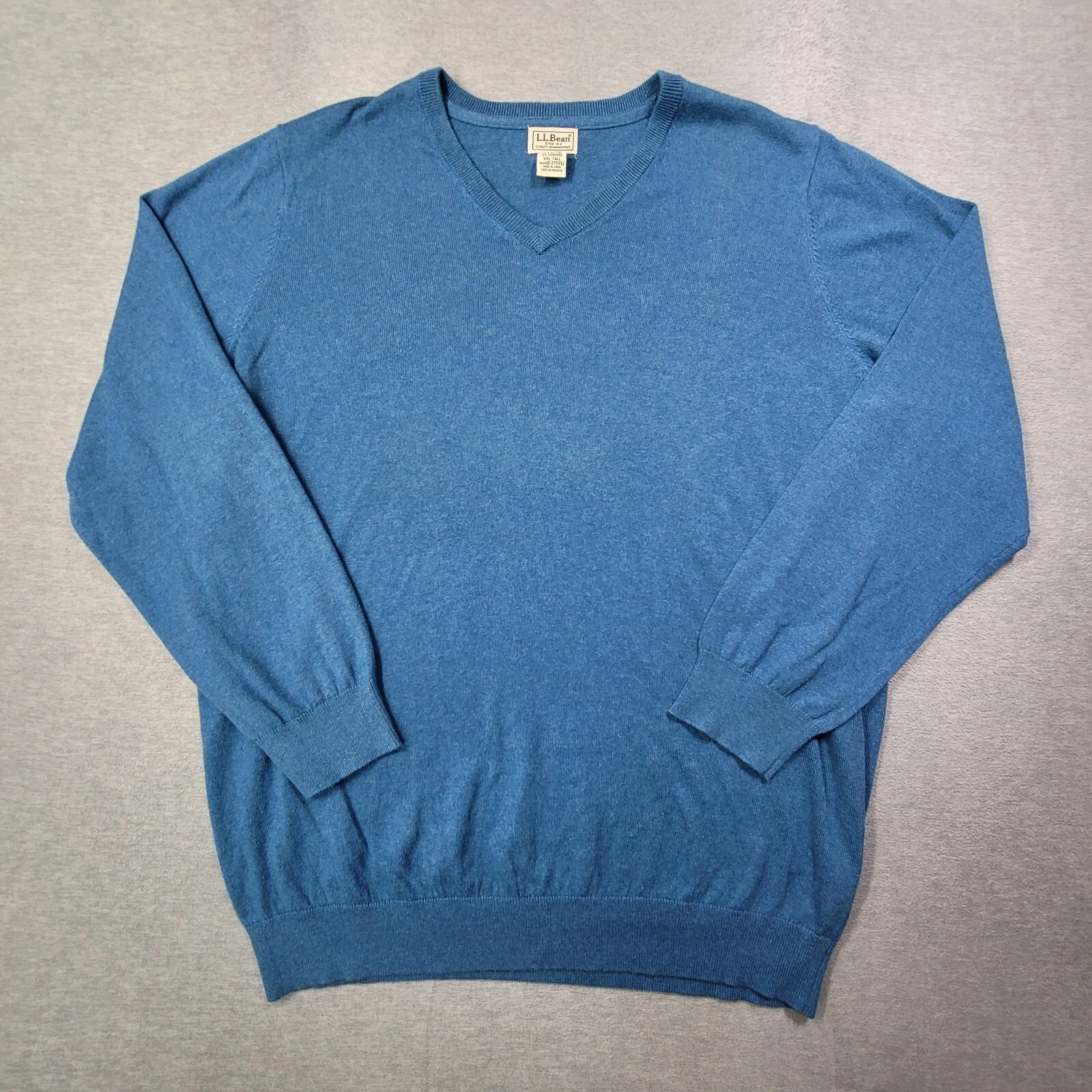 LL Bean Sweater Mens 2XLT Blue Solid Knit Cashmere Blend V Neck Comfort Casual