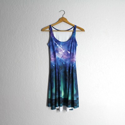 BlackMilk Forest in the Sky Evil Skater Dress Fit Flare Purple Green size S