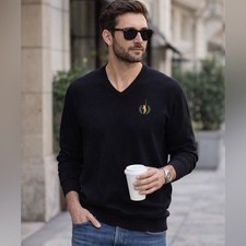 Peter Millar Sweater XL Merino Wool Silk Blend V-Neck Pullover Black Logo Golf