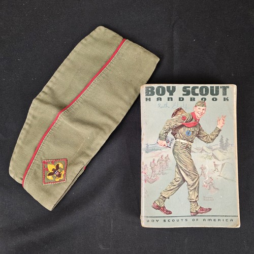 Vintage 1964 Boy Scout Handbook Norman Rockwell Cover & Garrison Cap Hat XL