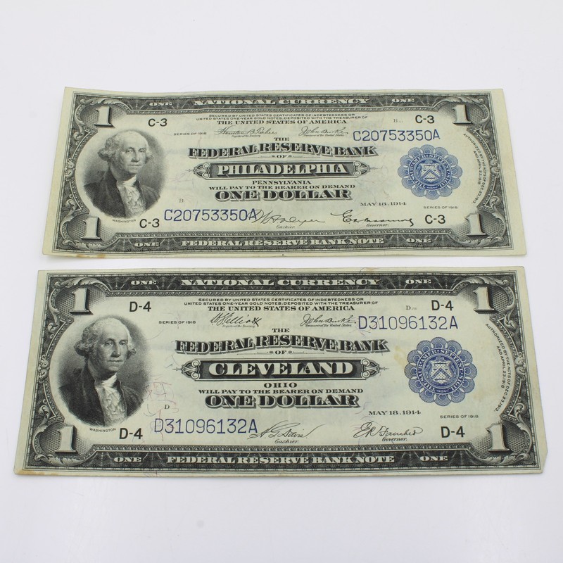 1918 $1 Fed Res Bank of Cleveland & Philadelphia National Notes Lot of 2 #C936-4