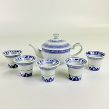 6pc Chinese Rice Eye Porcelain Tea Set Miniature Blue White Translucent Mint