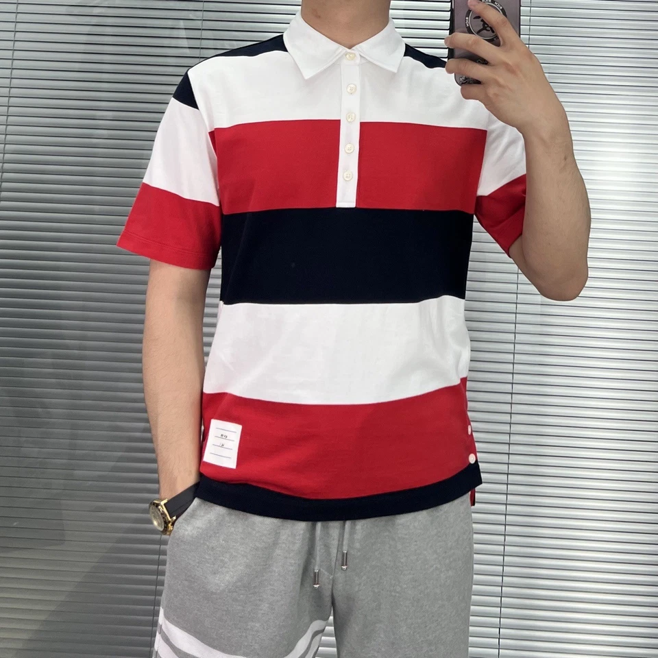 Thom Browne Men's New Classic Casual Summer Striped Lapel Short Sleeve Top - Image 2 of 4
