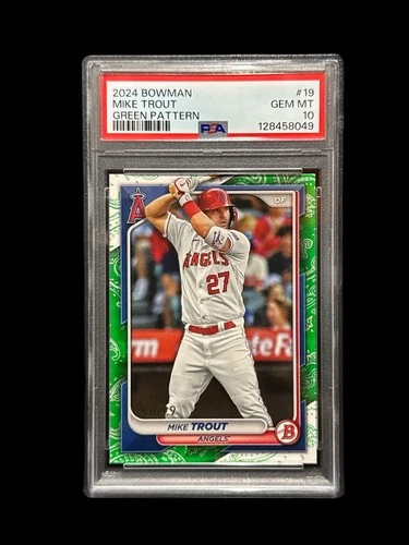 MIKE TROUT ANGELS ROY MVP 2024 BOWMAN #19 GREEN PATTERN #90/99 GEM MINT PSA 10