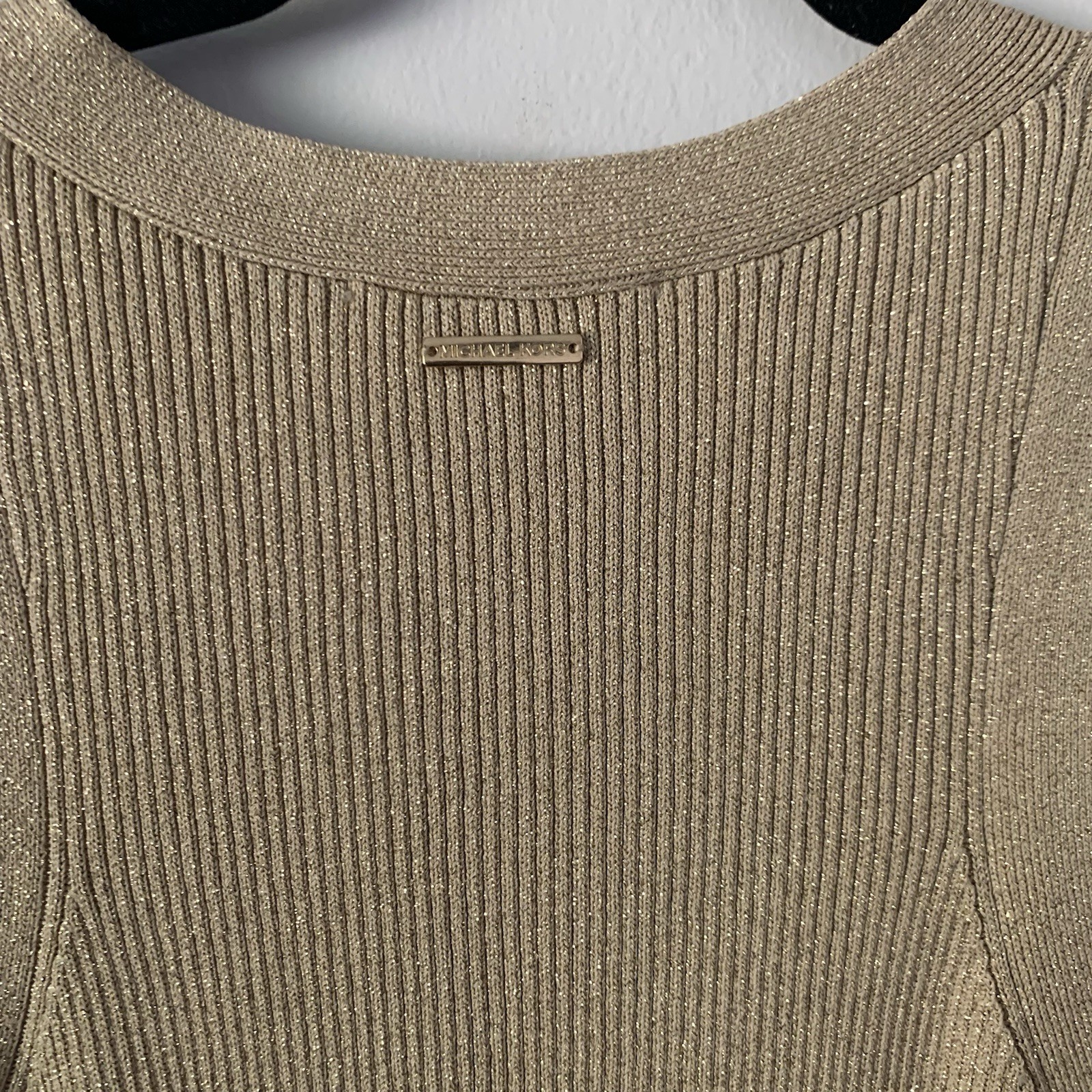 Michael Kors Dress Women L Gold Metallic Ribbed V Neck Sweater Sheath Pencil